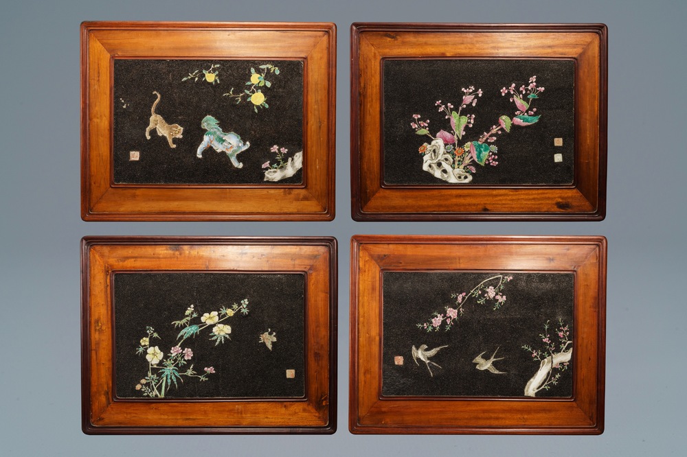 Four Chinese famille rose black gravel-embellished plaques, Qianlong